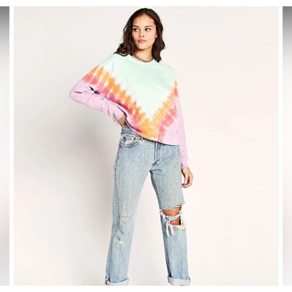 NWT Daydreamer Tie Dye Varisty Crew Sweatshirt in Mint Combo - XS